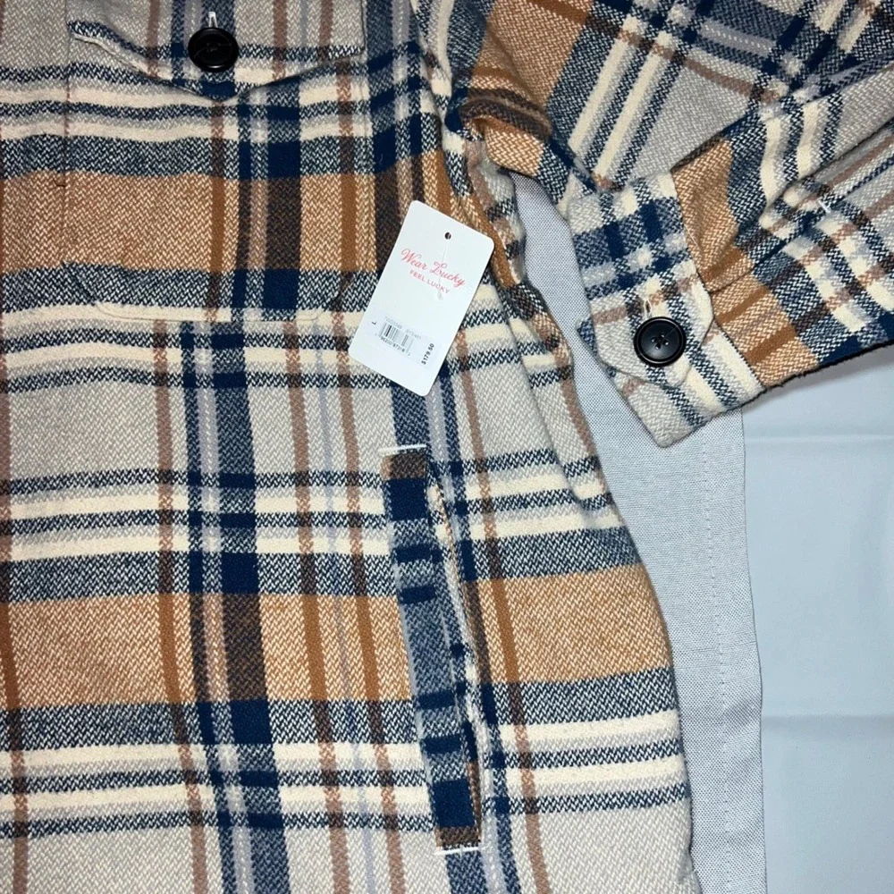 NWT Lucky Brand Plaid Shirt Jacket Shacket Tan‎ Navy Blue Mens Large 7WD3349